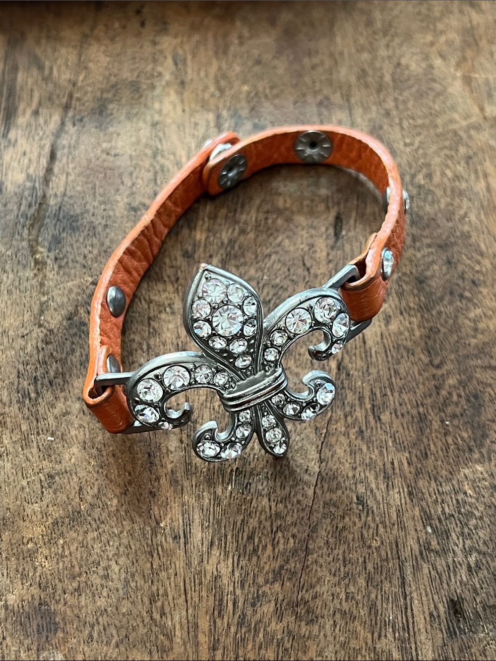 Orange Crystal Fleur-de-Lis Leather Bracelet